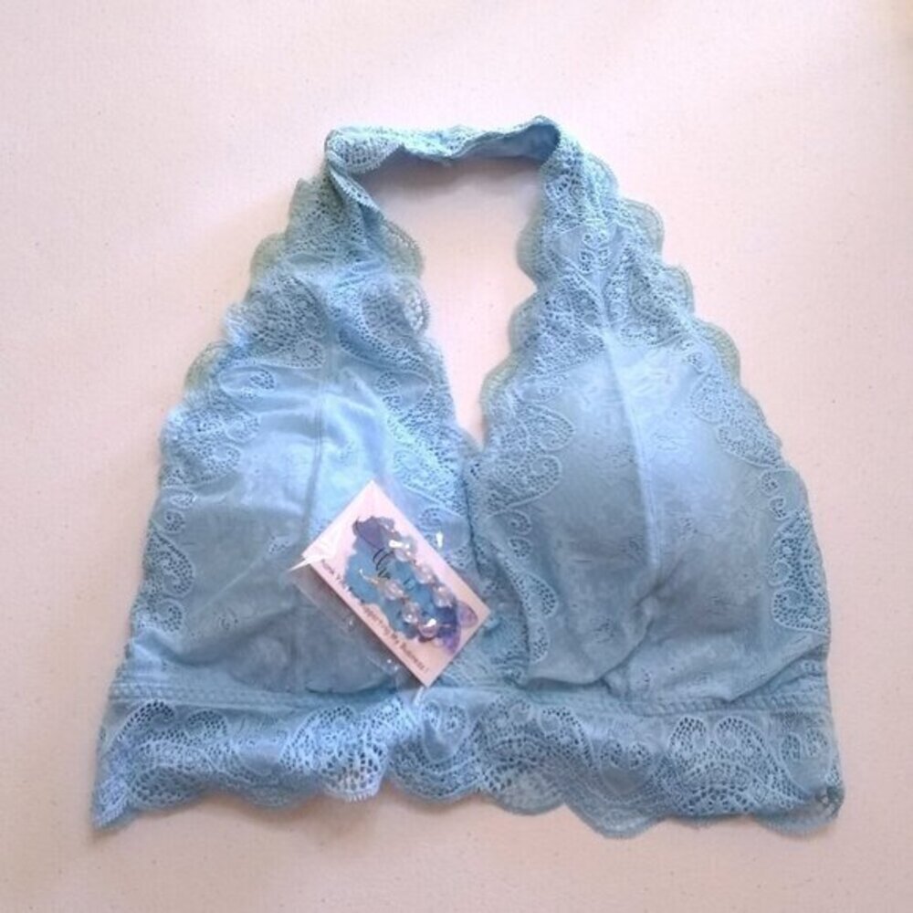 1X Pale Blue Halter Neck Lace Bra + Matched Earrings! Sexy Seductive & Alluring!